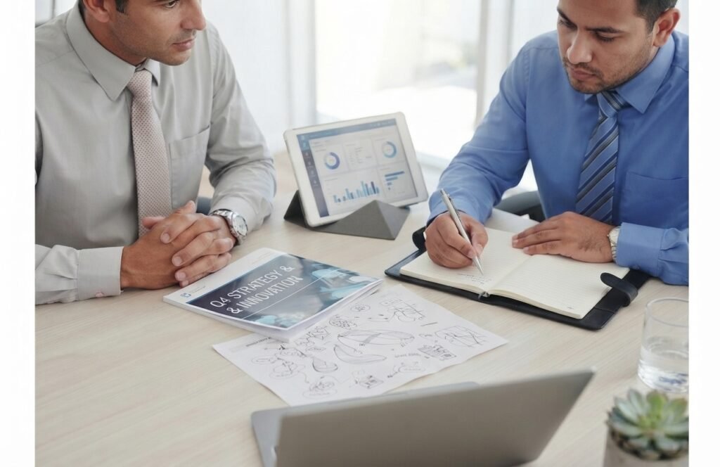 Two businessmen in a meeting reviewing strategy, with one man writing in a notebook and the other looking on.