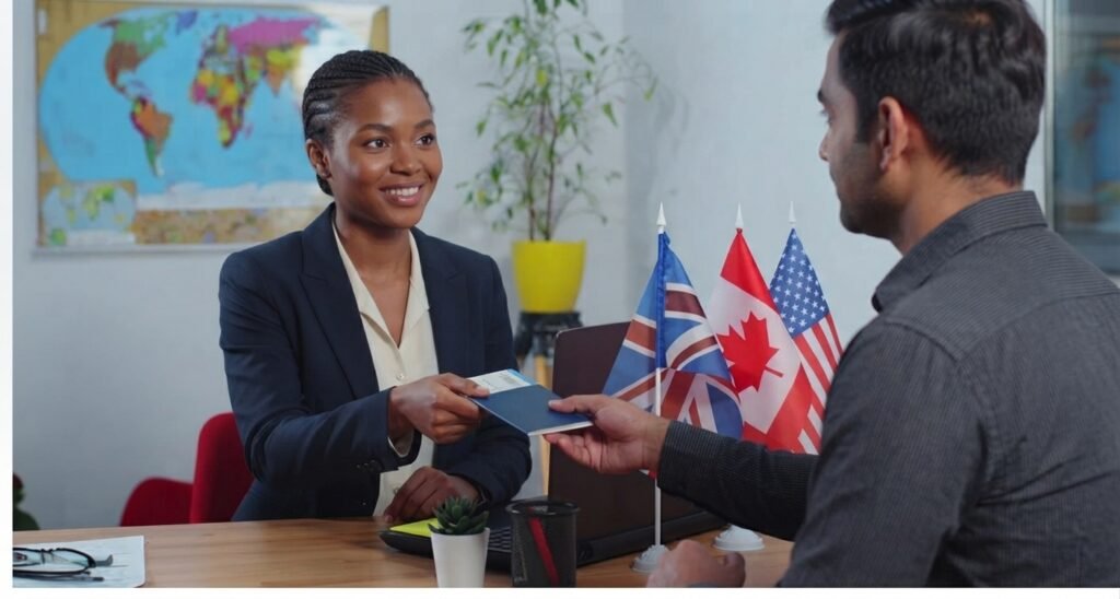 Professional immigration consultant helping a client with visa and travel documents at an agency office.
